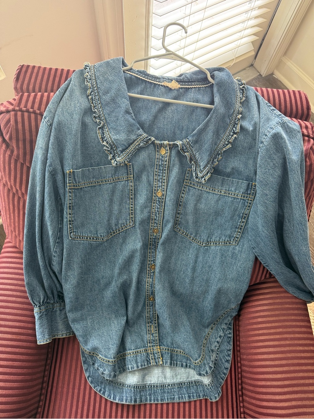 Pilcro Light Blue Denim Button-Front Top with Ruffle Collar